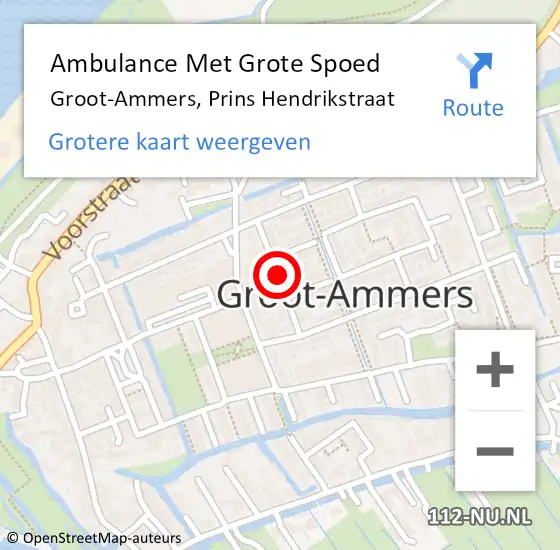 Locatie op kaart van de 112 melding: Ambulance Met Grote Spoed Naar Groot-Ammers, Prins Hendrikstraat op 15 september 2021 08:40