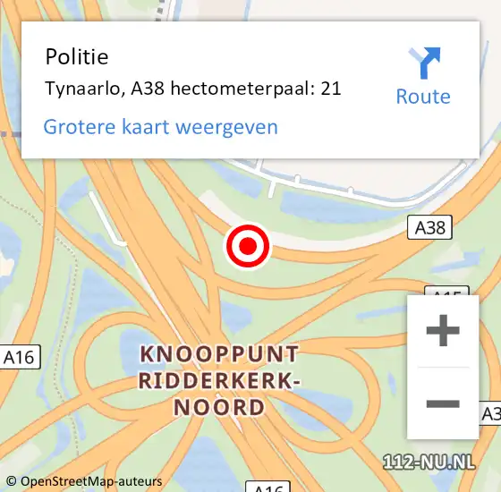 Locatie op kaart van de 112 melding: Politie Tynaarlo, A38 hectometerpaal: 21 op 15 september 2021 09:45