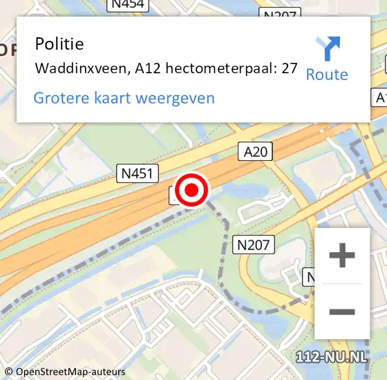 Locatie op kaart van de 112 melding: Politie Waddinxveen, A12 hectometerpaal: 27 op 15 september 2021 10:52
