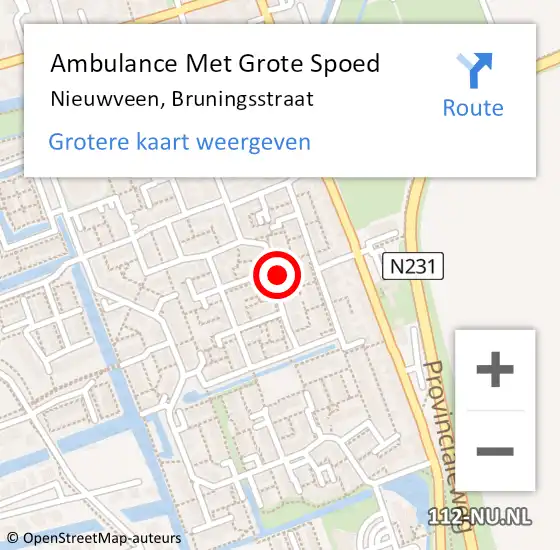 Locatie op kaart van de 112 melding: Ambulance Met Grote Spoed Naar Nieuwveen, Bruningsstraat op 15 september 2021 11:52