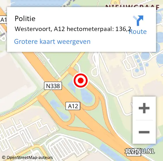 Locatie op kaart van de 112 melding: Politie Westervoort, A12 hectometerpaal: 136,2 op 15 september 2021 13:26