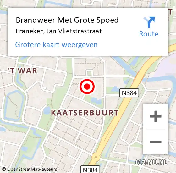 Locatie op kaart van de 112 melding: Brandweer Met Grote Spoed Naar Franeker, Jan Vlietstrastraat op 15 september 2021 14:01