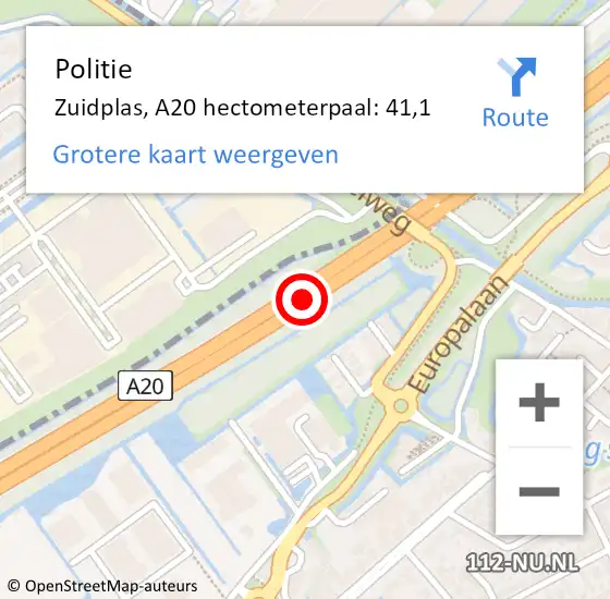 Locatie op kaart van de 112 melding: Politie Zuidplas, A20 hectometerpaal: 41,1 op 15 september 2021 14:34