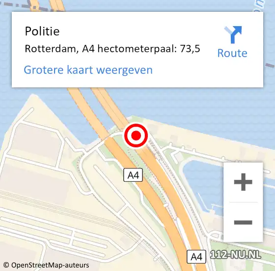 Locatie op kaart van de 112 melding: Politie Rotterdam, A4 hectometerpaal: 73,5 op 15 september 2021 16:21