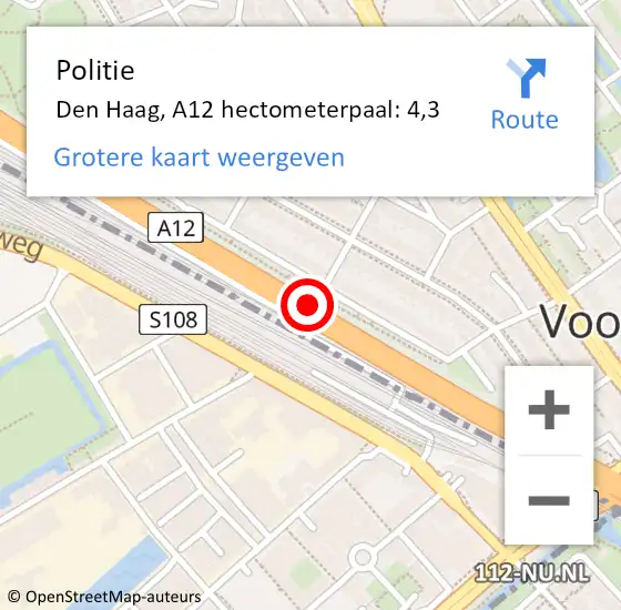 Locatie op kaart van de 112 melding: Politie Den Haag, A12 hectometerpaal: 4,3 op 15 september 2021 16:51