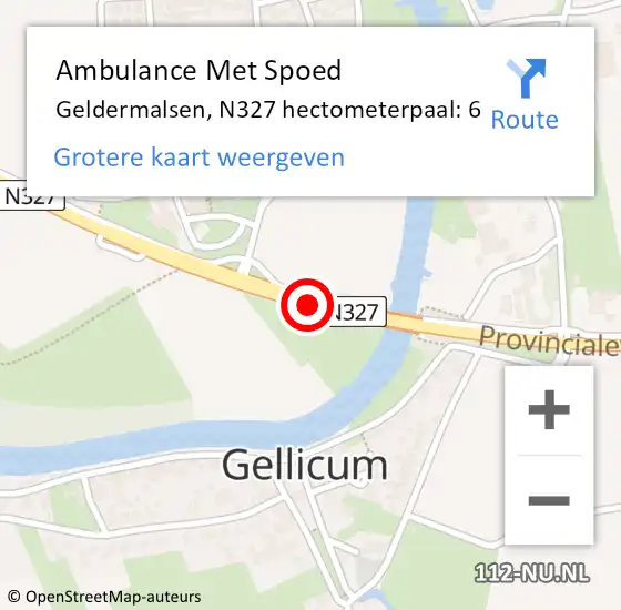 Locatie op kaart van de 112 melding: Ambulance Met Spoed Naar Geldermalsen, N327 hectometerpaal: 6 op 15 september 2021 17:15