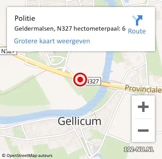 Locatie op kaart van de 112 melding: Politie Geldermalsen, N327 hectometerpaal: 6 op 15 september 2021 17:17