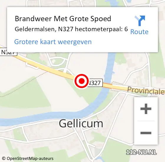 Locatie op kaart van de 112 melding: Brandweer Met Grote Spoed Naar Geldermalsen, N327 hectometerpaal: 6 op 15 september 2021 17:18