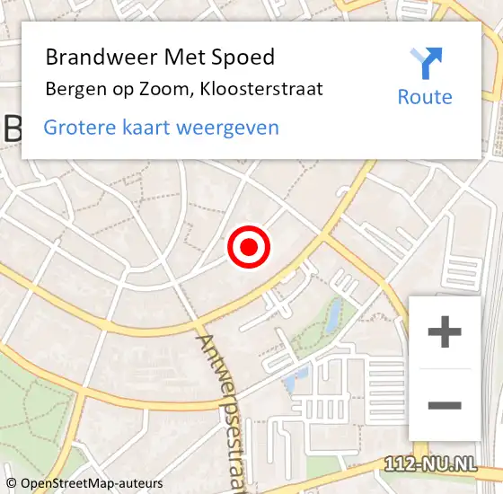 Locatie op kaart van de 112 melding: Brandweer Met Spoed Naar Bergen op Zoom, Kloosterstraat op 15 september 2021 17:29