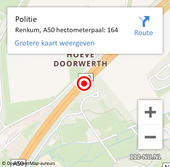 Locatie op kaart van de 112 melding: Politie Renkum, A50 hectometerpaal: 164 op 15 september 2021 18:40