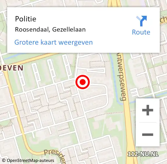 Locatie op kaart van de 112 melding: Politie Roosendaal, Gezellelaan op 15 september 2021 20:54