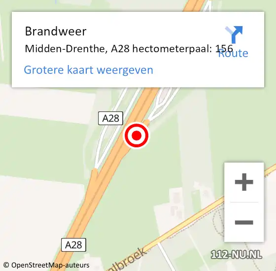 Locatie op kaart van de 112 melding: Brandweer Midden-Drenthe, A28 hectometerpaal: 156 op 15 september 2021 21:02