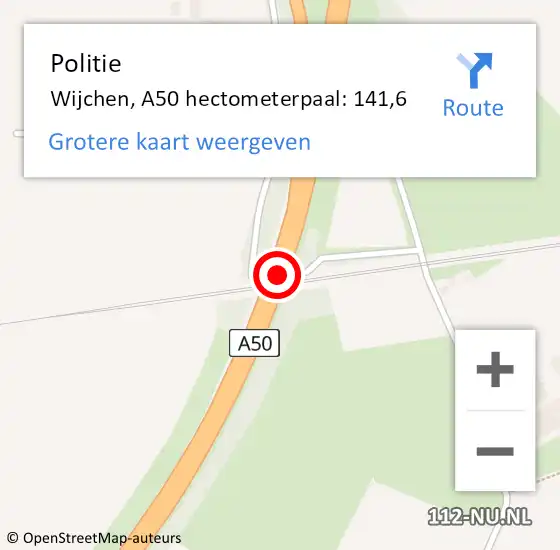 Locatie op kaart van de 112 melding: Politie Wijchen, A50 hectometerpaal: 141,6 op 16 september 2021 00:03