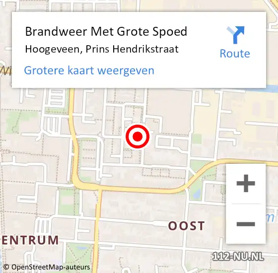 Locatie op kaart van de 112 melding: Brandweer Met Grote Spoed Naar Hoogeveen, Prins Hendrikstraat op 16 september 2021 01:04