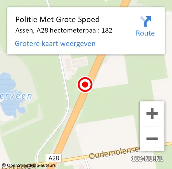 Locatie op kaart van de 112 melding: Politie Met Grote Spoed Naar Assen, A28 hectometerpaal: 182 op 16 september 2021 06:57