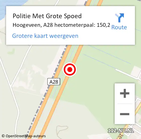 Locatie op kaart van de 112 melding: Politie Met Grote Spoed Naar Hoogeveen, A28 hectometerpaal: 150,2 op 16 september 2021 07:04
