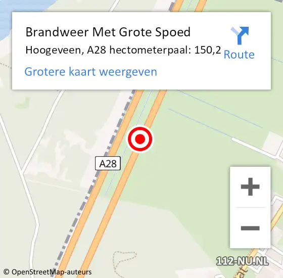 Locatie op kaart van de 112 melding: Brandweer Met Grote Spoed Naar Hoogeveen, A28 hectometerpaal: 150,2 op 16 september 2021 07:05