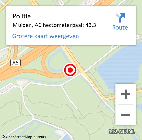 Locatie op kaart van de 112 melding: Politie Muiden, A6 hectometerpaal: 43,3 op 16 september 2021 07:06