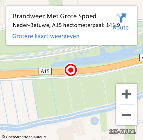 Locatie op kaart van de 112 melding: Brandweer Met Grote Spoed Naar Neder-Betuwe, A15 hectometerpaal: 141,9 op 16 september 2021 08:33