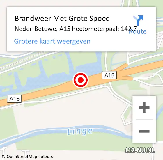 Locatie op kaart van de 112 melding: Brandweer Met Grote Spoed Naar Neder-Betuwe, A15 hectometerpaal: 142,7 op 16 september 2021 08:44