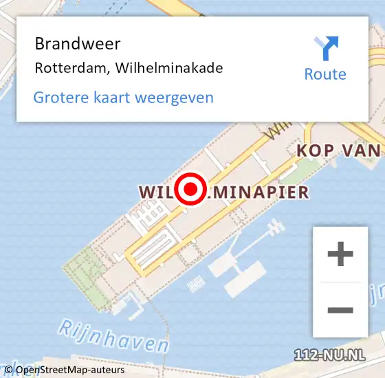 Locatie op kaart van de 112 melding: Brandweer Rotterdam, Wilhelminakade op 16 september 2021 08:49