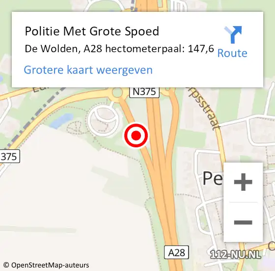 Locatie op kaart van de 112 melding: Politie Met Grote Spoed Naar De Wolden, A28 hectometerpaal: 147,6 op 16 september 2021 11:39