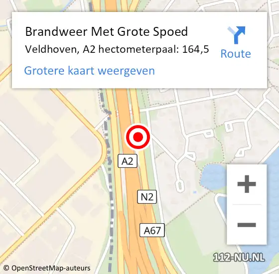 Locatie op kaart van de 112 melding: Brandweer Met Grote Spoed Naar Veldhoven, A2 hectometerpaal: 164,5 op 16 september 2021 12:47