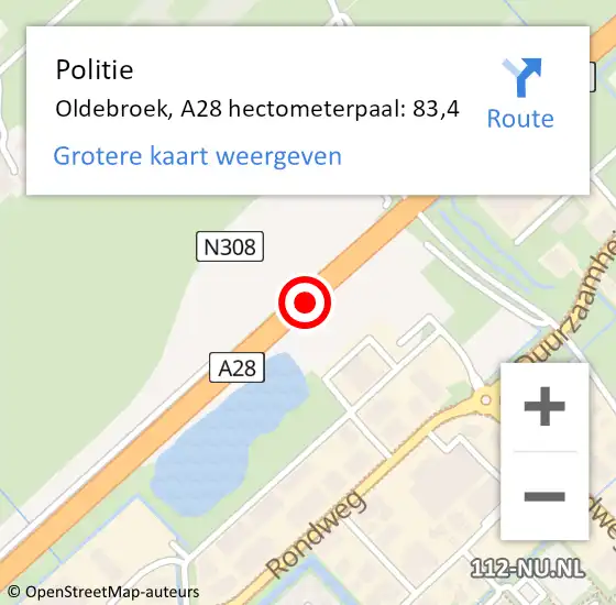 Locatie op kaart van de 112 melding: Politie Oldebroek, A28 hectometerpaal: 83,4 op 16 september 2021 13:21