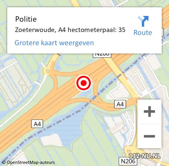 Locatie op kaart van de 112 melding: Politie Zoeterwoude, A4 hectometerpaal: 35 op 16 september 2021 14:03
