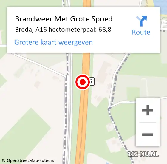 Locatie op kaart van de 112 melding: Brandweer Met Grote Spoed Naar Breda, A16 hectometerpaal: 68,8 op 16 september 2021 14:40