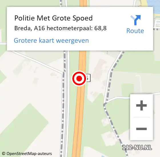Locatie op kaart van de 112 melding: Politie Met Grote Spoed Naar Breda, A16 hectometerpaal: 68,8 op 16 september 2021 14:41