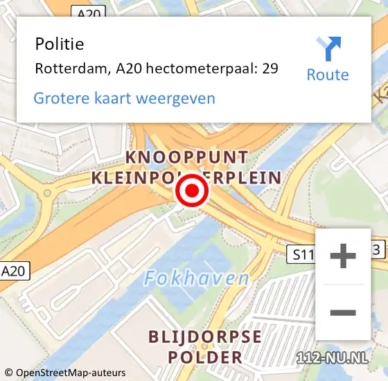 Locatie op kaart van de 112 melding: Politie Rotterdam, A20 hectometerpaal: 29 op 16 september 2021 14:53