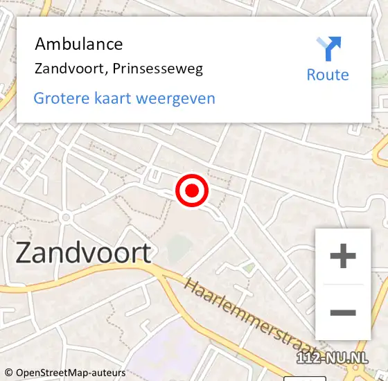 Locatie op kaart van de 112 melding: Ambulance Zandvoort, Prinsesseweg op 16 september 2021 15:30