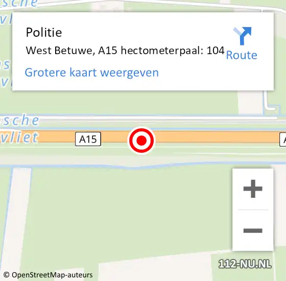 Locatie op kaart van de 112 melding: Politie Lingewaal, A15 hectometerpaal: 104 op 16 september 2021 15:34