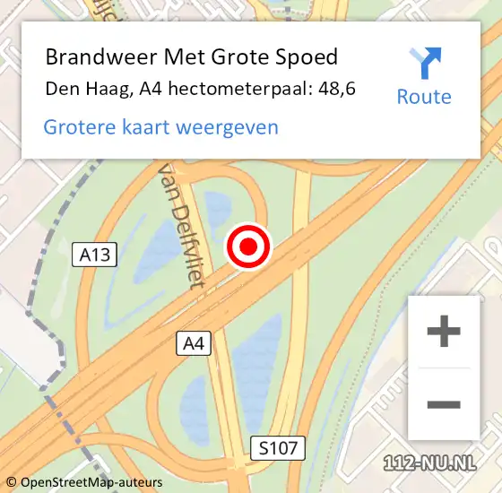 Locatie op kaart van de 112 melding: Brandweer Met Grote Spoed Naar Den Haag, A4 hectometerpaal: 48,6 op 16 september 2021 15:48