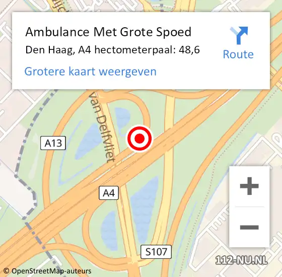 Locatie op kaart van de 112 melding: Ambulance Met Grote Spoed Naar Den Haag, A4 hectometerpaal: 48,6 op 16 september 2021 15:49