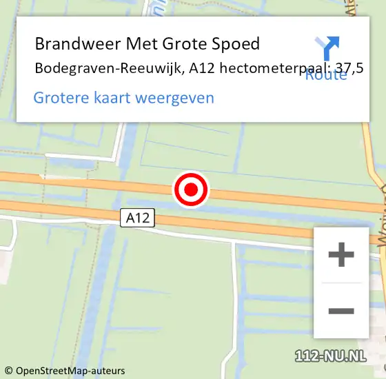 Locatie op kaart van de 112 melding: Brandweer Met Grote Spoed Naar Bodegraven-Reeuwijk, A12 hectometerpaal: 37,5 op 16 september 2021 16:20