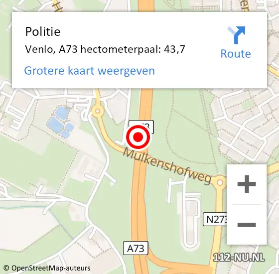 Locatie op kaart van de 112 melding: Politie Venlo, A73 hectometerpaal: 43,7 op 16 september 2021 16:38