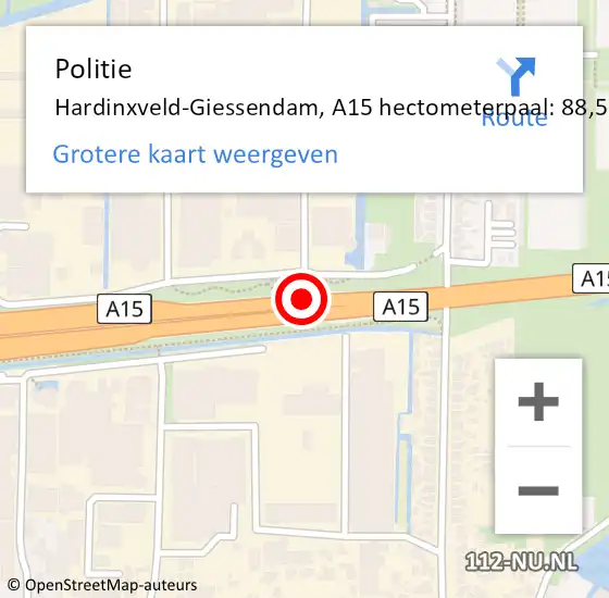 Locatie op kaart van de 112 melding: Politie Hardinxveld-Giessendam, A15 hectometerpaal: 88,5 op 16 september 2021 16:39