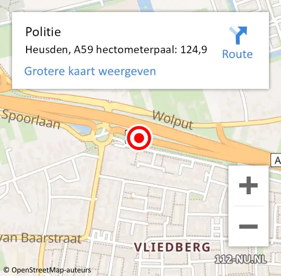 Locatie op kaart van de 112 melding: Politie Heusden, A59 hectometerpaal: 124,9 op 16 september 2021 17:27