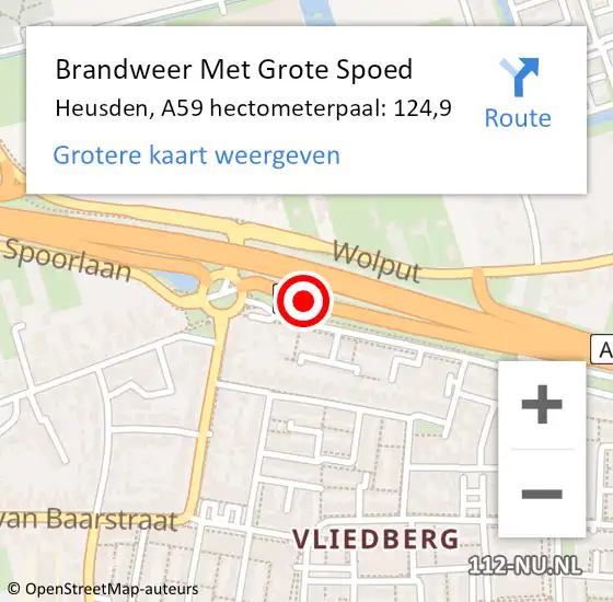 Locatie op kaart van de 112 melding: Brandweer Met Grote Spoed Naar Heusden, A59 hectometerpaal: 124,9 op 16 september 2021 17:37