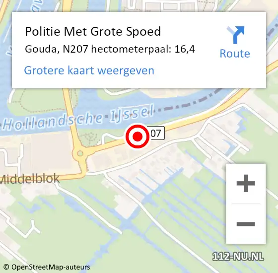 Locatie op kaart van de 112 melding: Politie Met Grote Spoed Naar Gouda, N207 hectometerpaal: 16,4 op 16 september 2021 18:35