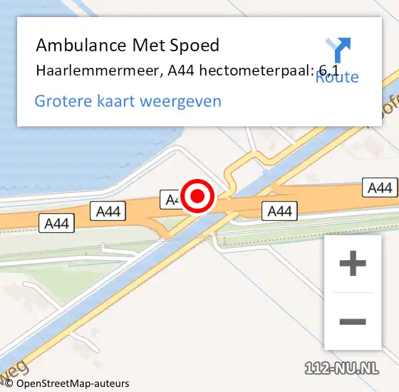 Locatie op kaart van de 112 melding: Ambulance Met Spoed Naar Haarlemmermeer, A44 hectometerpaal: 6,1 op 16 september 2021 19:15