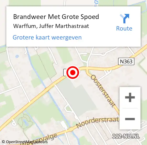 Locatie op kaart van de 112 melding: Brandweer Met Grote Spoed Naar Warffum, Juffer Marthastraat op 16 september 2021 19:17