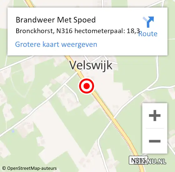 Locatie op kaart van de 112 melding: Brandweer Met Spoed Naar Bronckhorst, N316 hectometerpaal: 18,3 op 16 september 2021 20:25