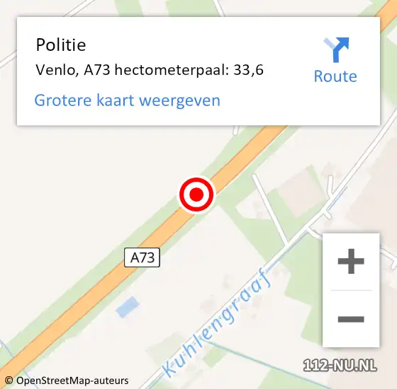 Locatie op kaart van de 112 melding: Politie Venlo, A73 hectometerpaal: 33,6 op 16 september 2021 20:34