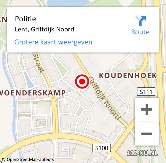 Locatie op kaart van de 112 melding: Politie Lent, Griftdijk Noord op 16 september 2021 20:36