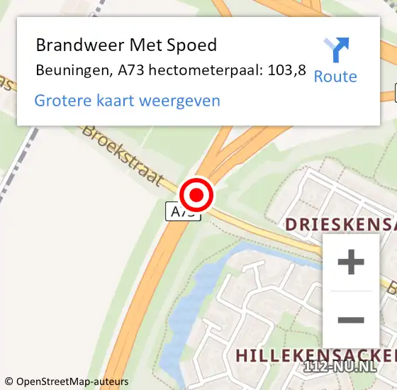 Locatie op kaart van de 112 melding: Brandweer Met Spoed Naar Beuningen, A73 hectometerpaal: 103,8 op 16 september 2021 23:15
