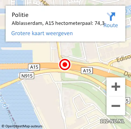 Locatie op kaart van de 112 melding: Politie Alblasserdam, A15 hectometerpaal: 74,3 op 16 september 2021 23:24