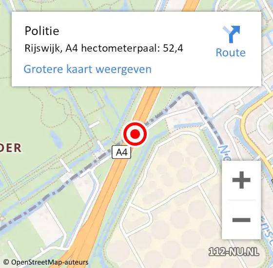 Locatie op kaart van de 112 melding: Politie Rijswijk, A4 hectometerpaal: 52,4 op 17 september 2021 05:40
